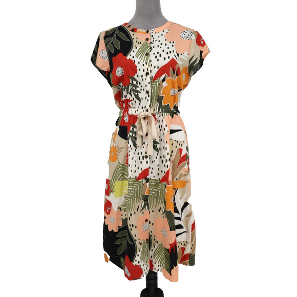 Loft Dress Petites 10P Beige Red Black Floral Cotton Blend Button Up Pockets - Picture 16 of 16